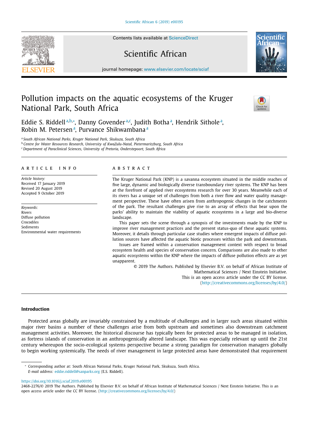 Pollution Impacts on the Aquatic Ecosystems of the Kruger National Park, South Africa
