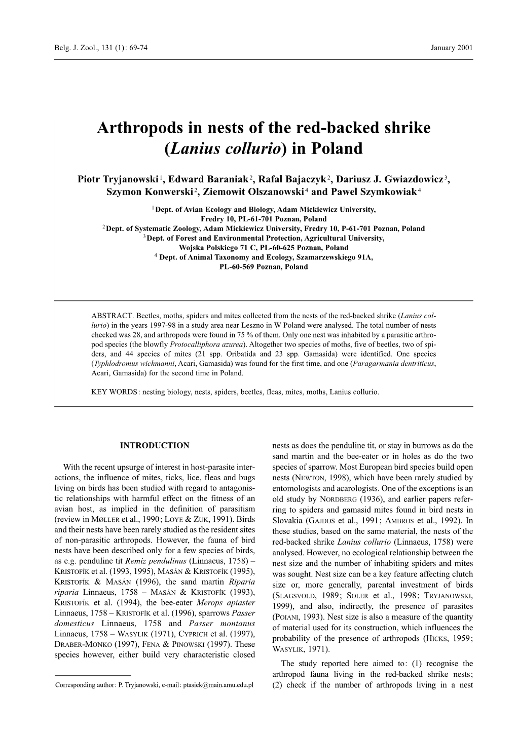 Arthropods in Nests of the Red-Backed Shrike (Lanius Collurio) in Poland