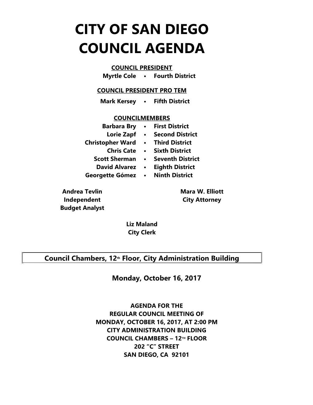 City of San Diego Council Agenda