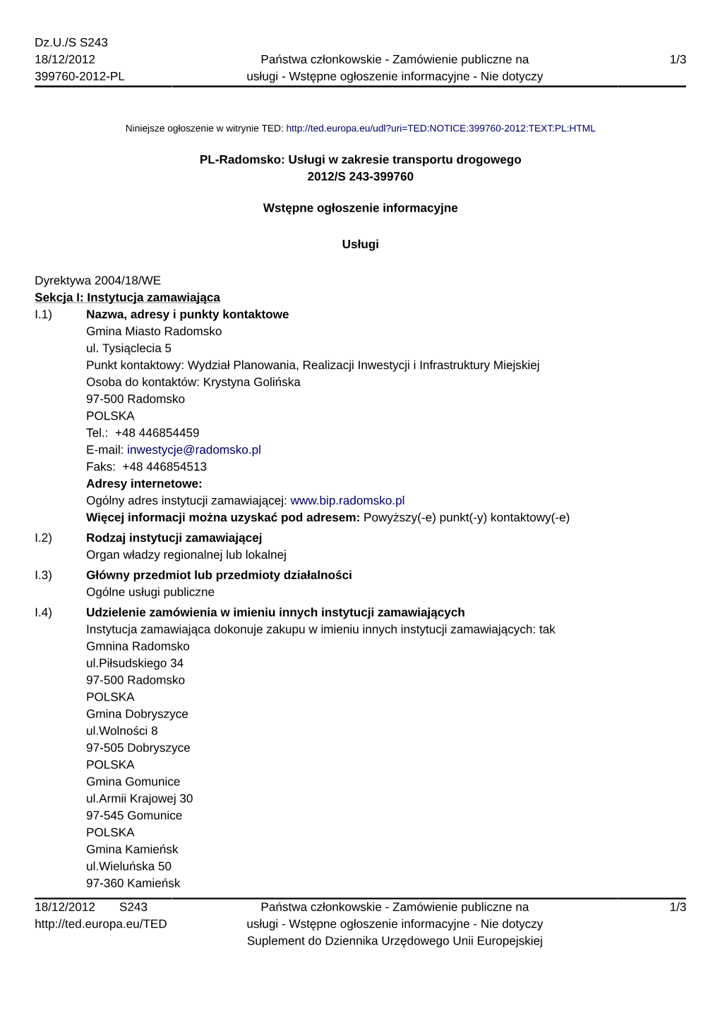 PL-Radomsko: Usługi W Zakresie Transportu Drogowego 2012/S 243-399760