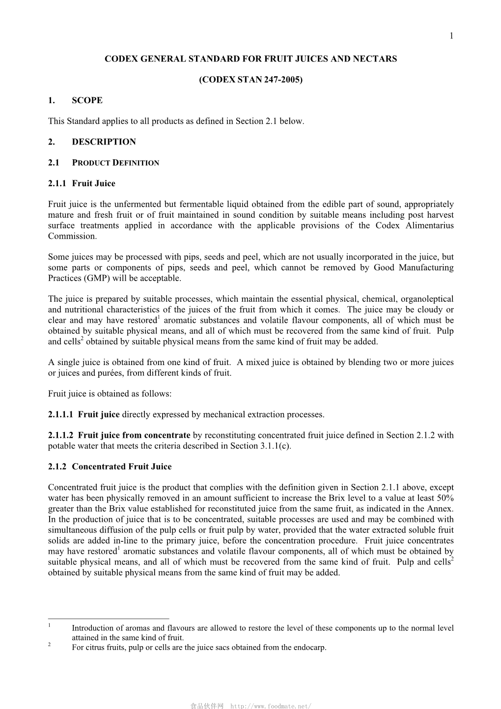 Codex General Standard for Fruit Juices and Nectars