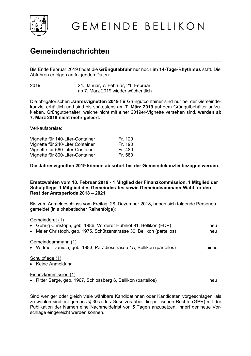 Gemeindenachrichten Vom 16. Januar 2019