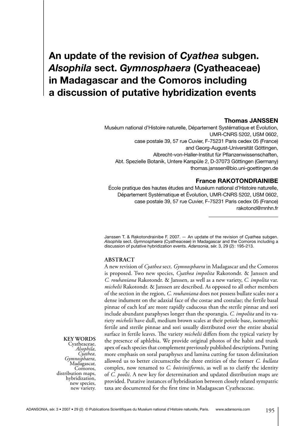 An Update of the Revision of Cyathea Subgen. Alsophila Sect