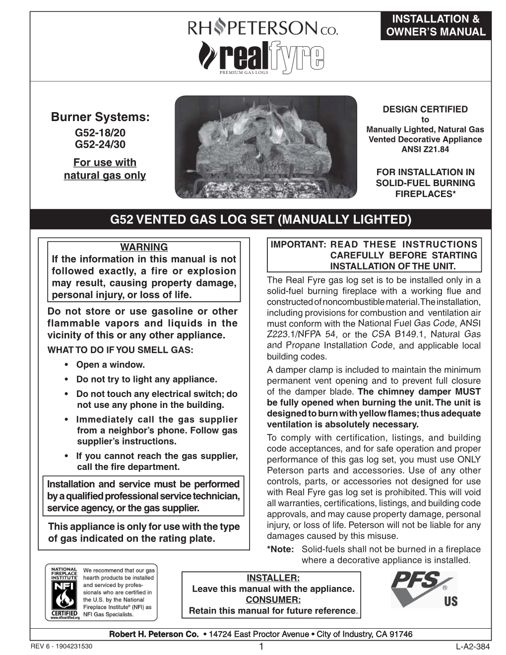 A2-384 Real Fyre G52 (Match Lit) Vented Burner Instructions.Indb