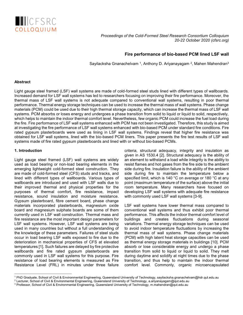 Fire Performance of Bio-Based PCM Lined LSF Wall