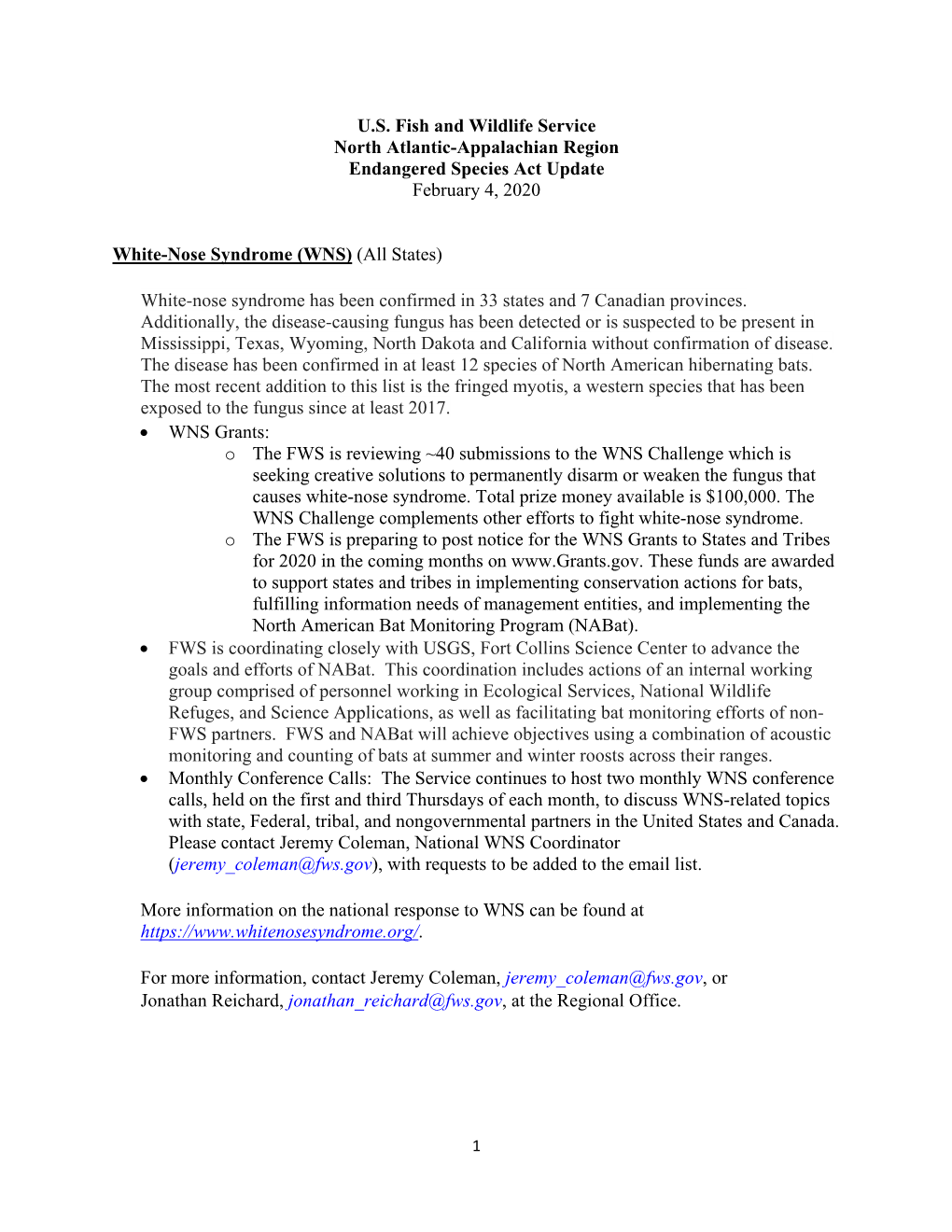 U.S. Fish and Wildlife Service North Atlantic-Appalachian Region Endangered Species Act Update February 4, 2020