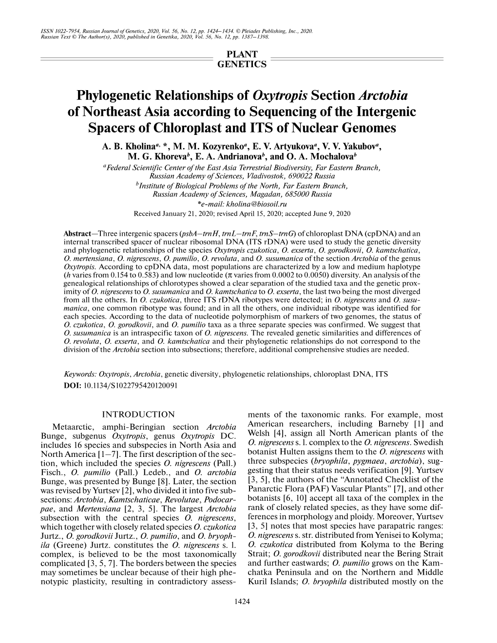 Phylogenetic Relationships of Oxytropis Section Arctobia Of