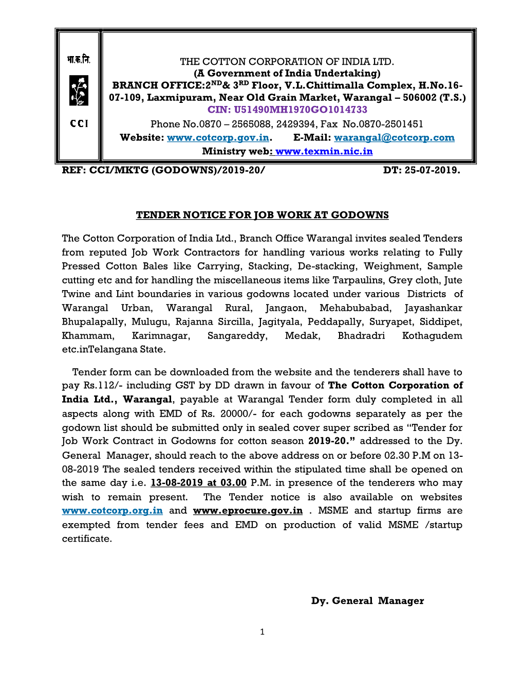 Dt: 25-07-2019. Tender Notice for Job Work at Godowns