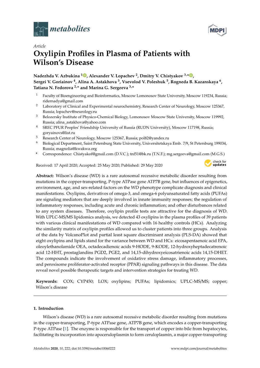 Oxylipin Profiles in Plasma of Patients with Wilson's Disease