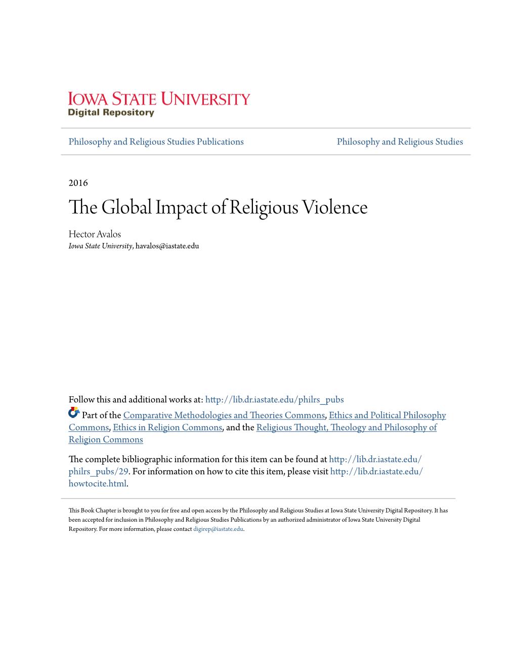 The Global Impact of Religious Violence Hector Avalos Iowa State University, Havalos@Iastate.Edu