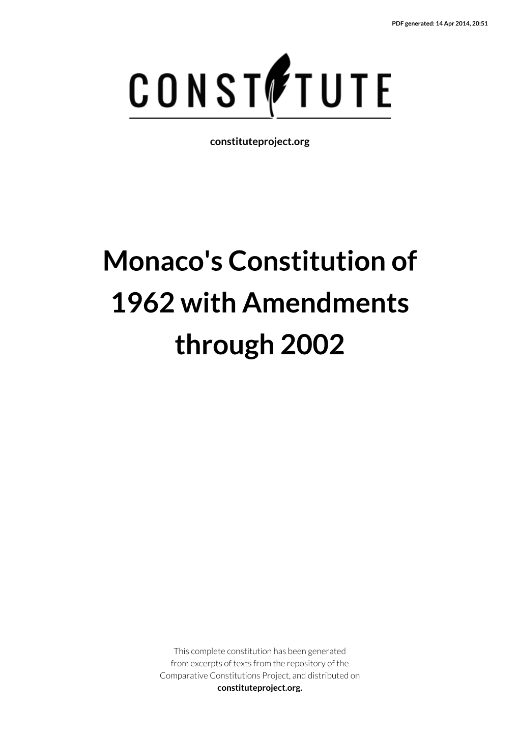 Monaco's Constitution of 1962 with Amendments Through 2002