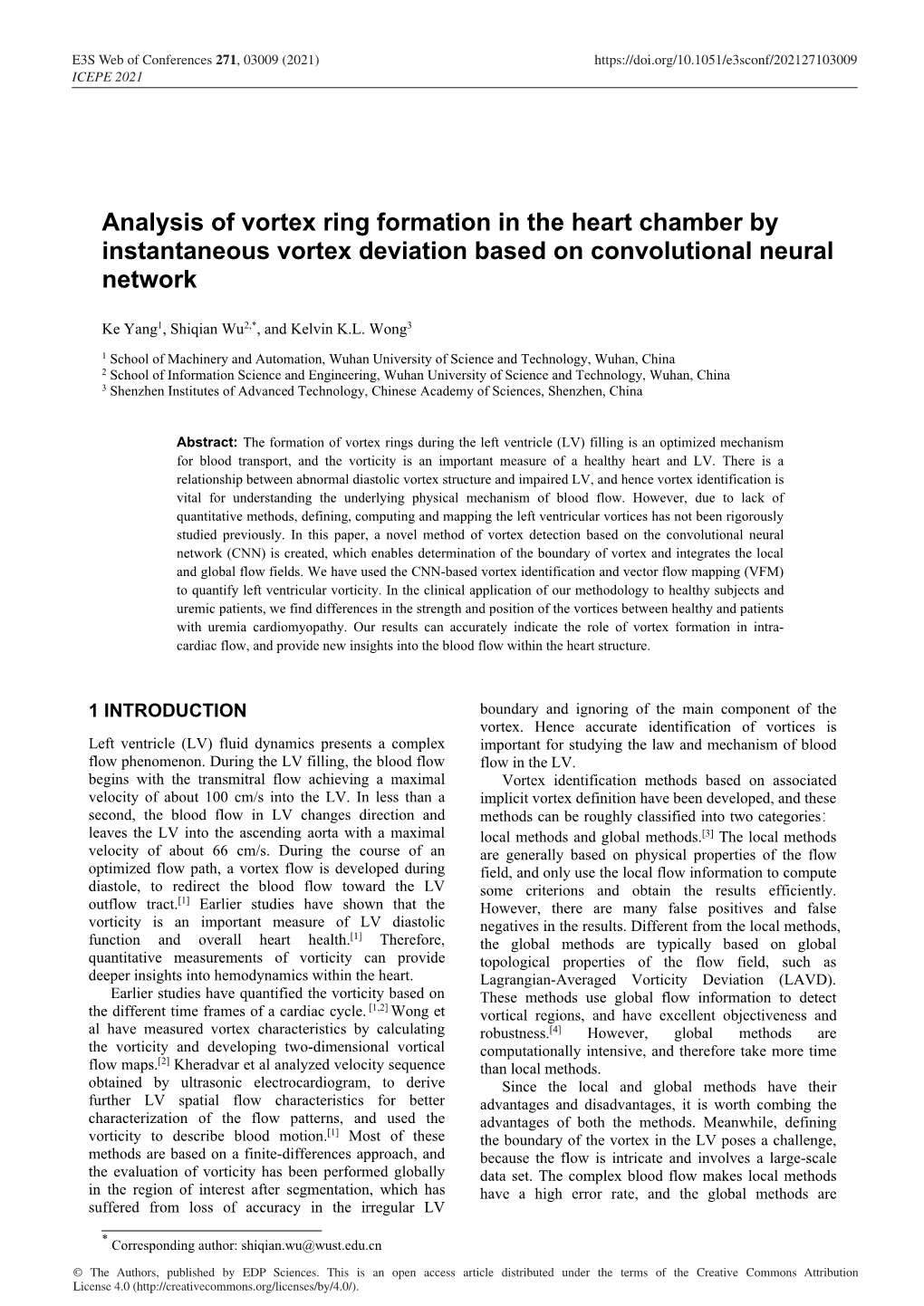 Analysis of Vortex Ring Formation in the Heart Chamber by Instantaneous Vortex Deviation Based on Convolutional Neural Network