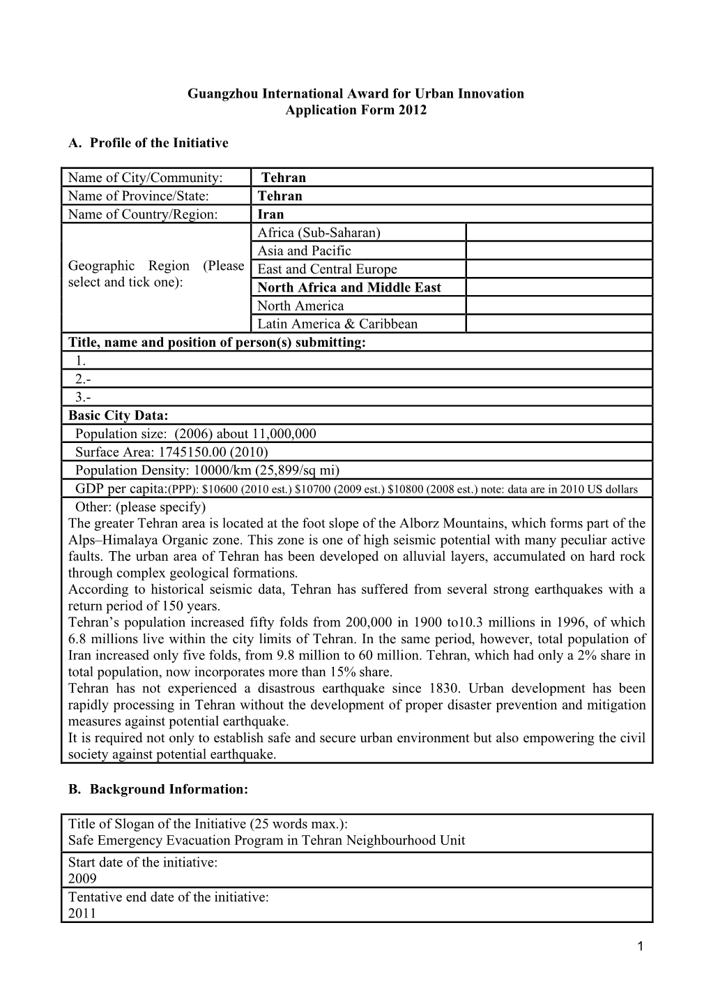 Guangzhou International Award for Urban Innovation Application Form 2012