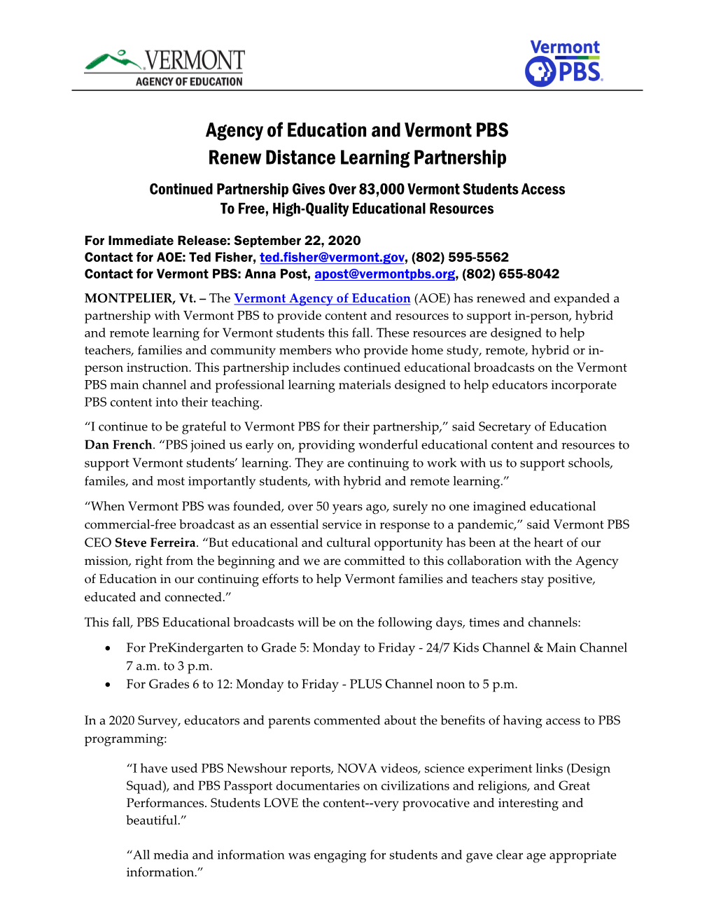 PRESS RELEASE: AOE and Vermont PBS Renew Distance Learning
