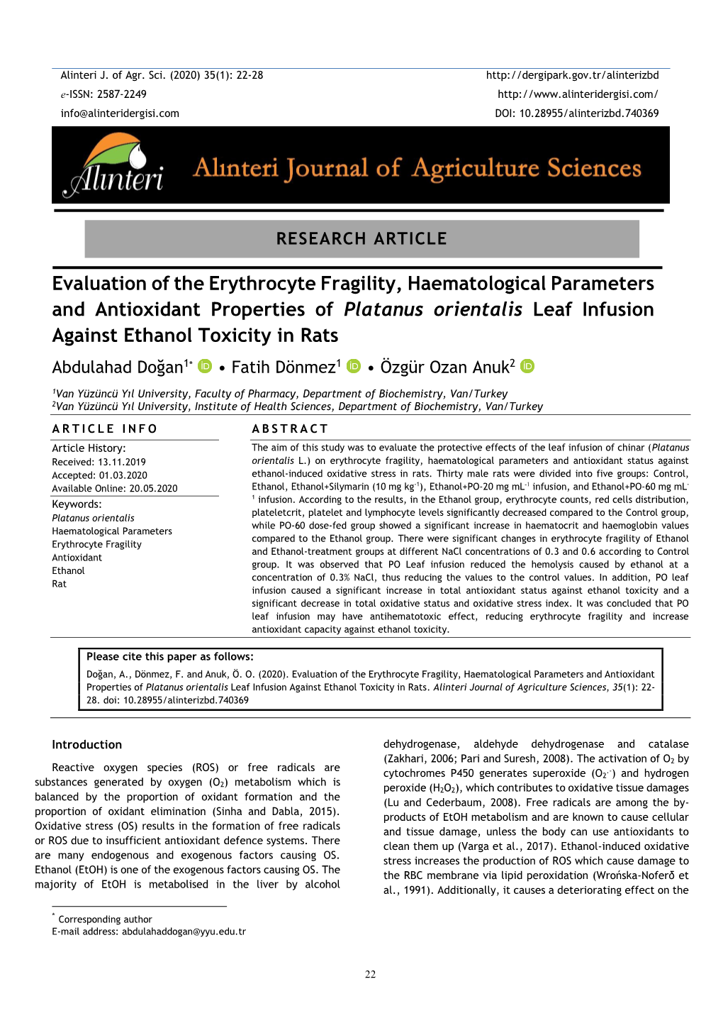 Evaluation of the Erythrocyte Fragility, Haematological Parameters And