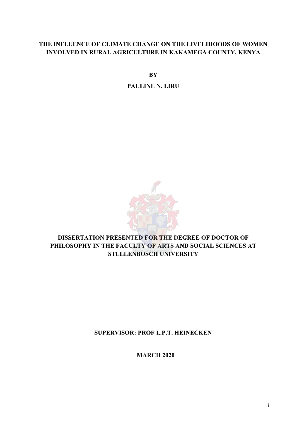 The Influence of Climate Change on the Livelihoods of Women Involved in Rural Agriculture in Kakamega County, Kenya