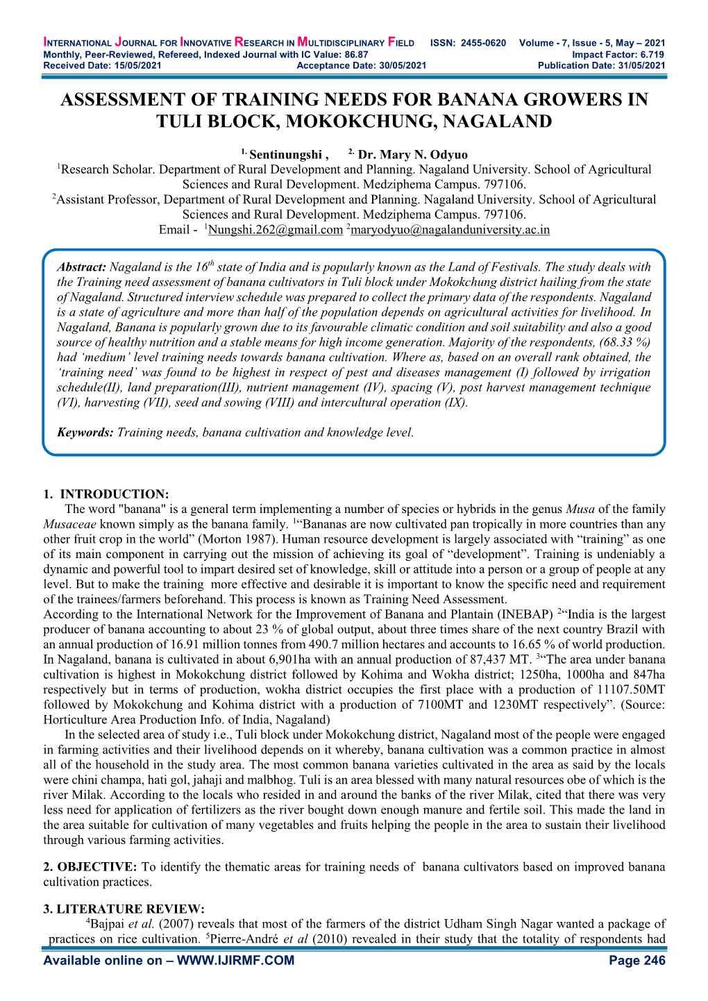 Assessment of Training Needs for Banana Growers in Tuli Block, Mokokchung, Nagaland