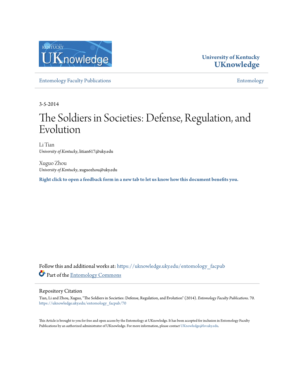 Defense, Regulation, and Evolution Li Tian University of Kentucky, Litian617@Uky.Edu