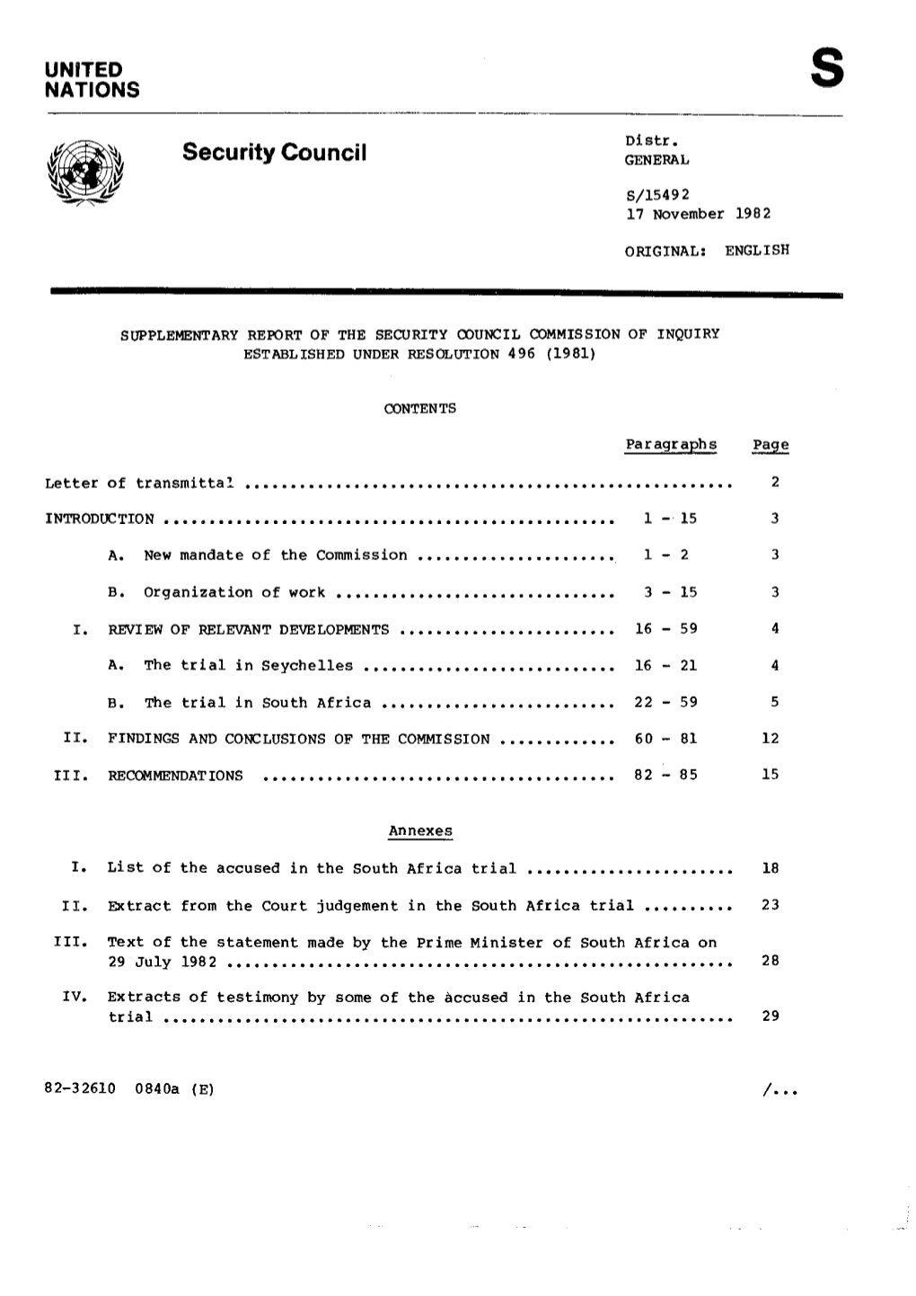 Security Council GENERAL - S/15492 17 November 1982