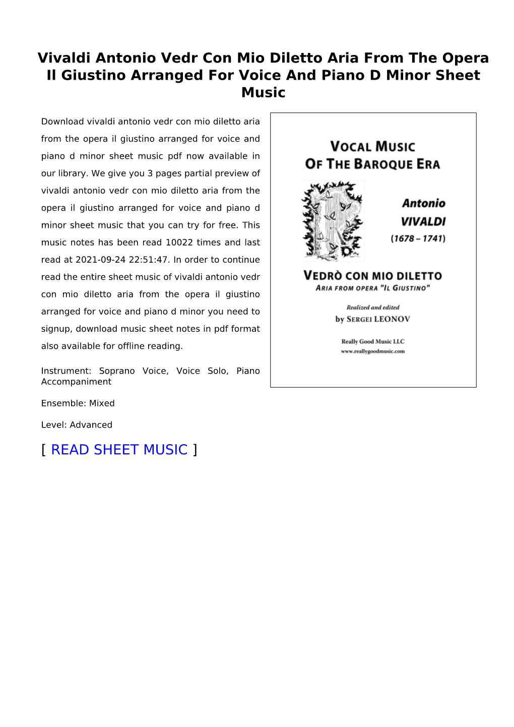 Vivaldi Antonio Vedr Con Mio Diletto Aria from the Opera Il Giustino Arranged for Voice and Piano D Minor Sheet Music