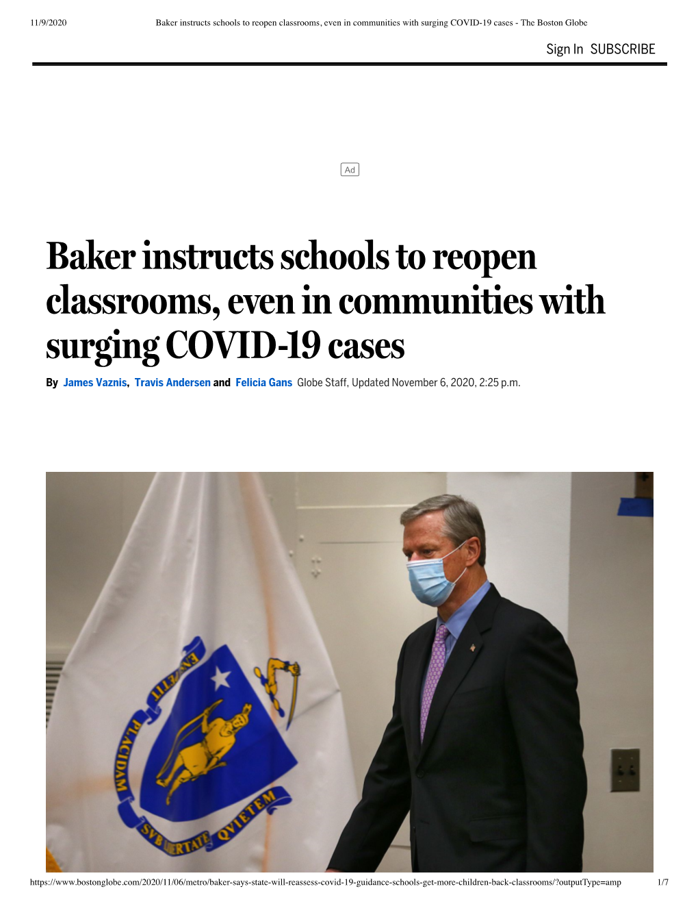 Baker Instructs Schools to Reopen Classrooms, Even in Communities with Surging COVID19 Cases