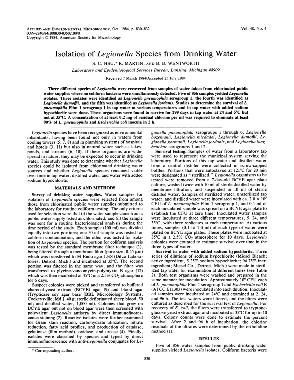 Isolation of Legionella Species from Drinking Water