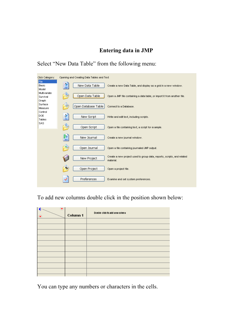 Entering Data in JMP