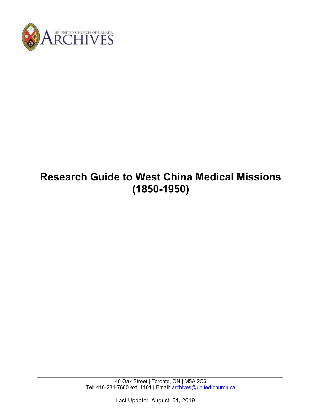 Research Guide to West China Medical Missions (1850-1950)