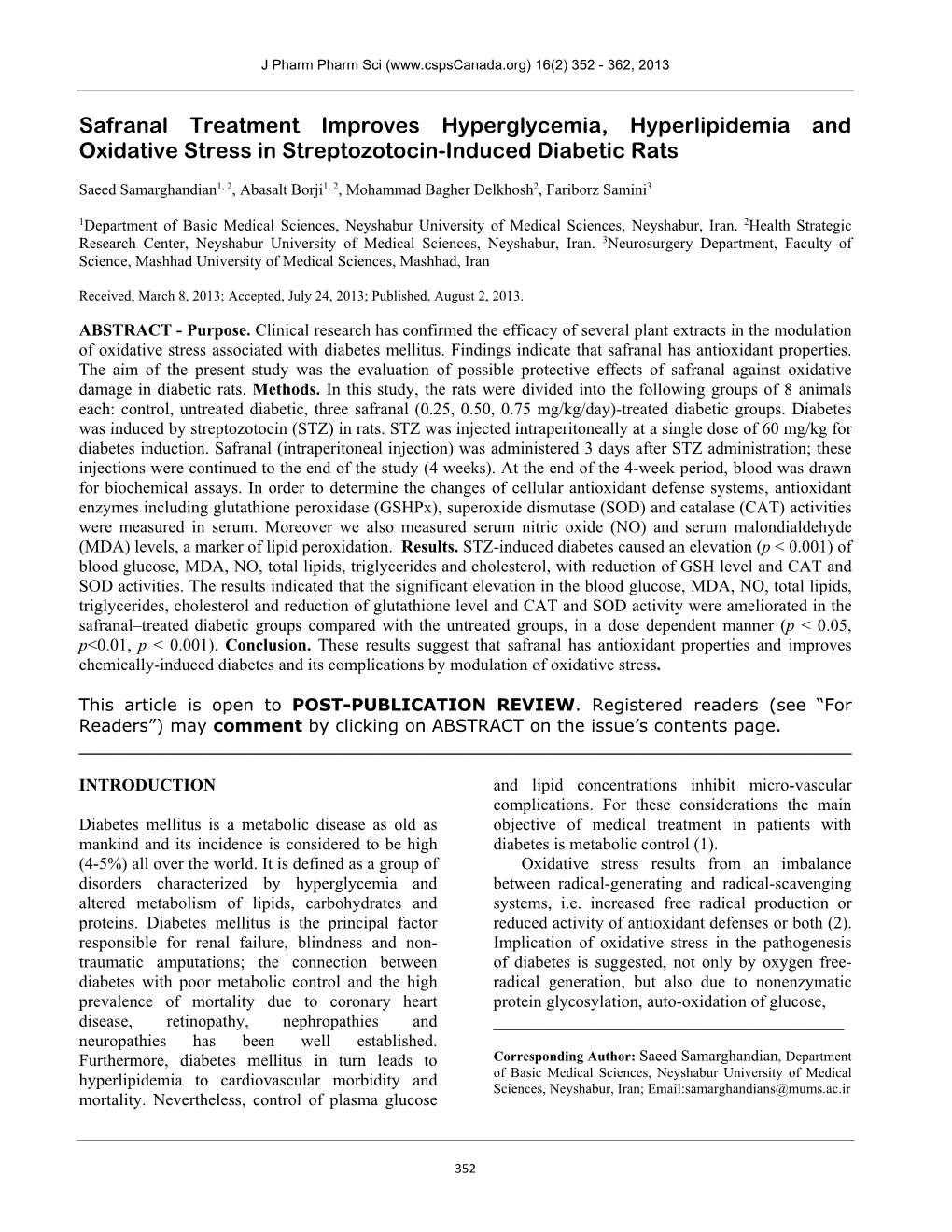 Safranal Treatment Improves Hyperglycemia, Hyperlipidemia and Oxidative Stress in Streptozotocin-Induced Diabetic Rats