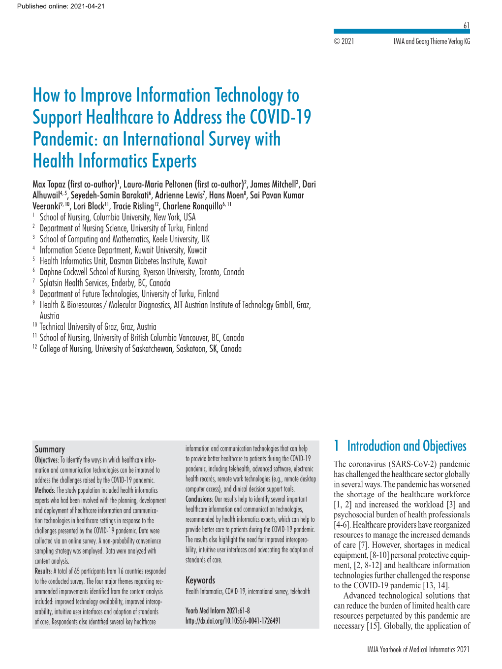 An International Survey with Health Informatics Experts