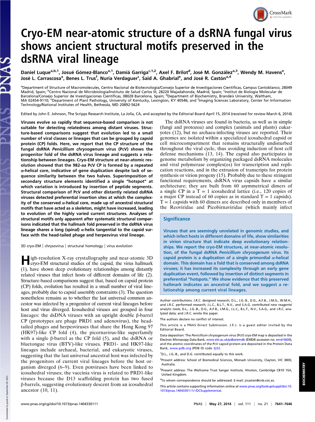 Cryo-EM Near-Atomic Structure of a Dsrna Fungal Virus Shows Ancient Structural Motifs Preserved in the Dsrna Viral Lineage