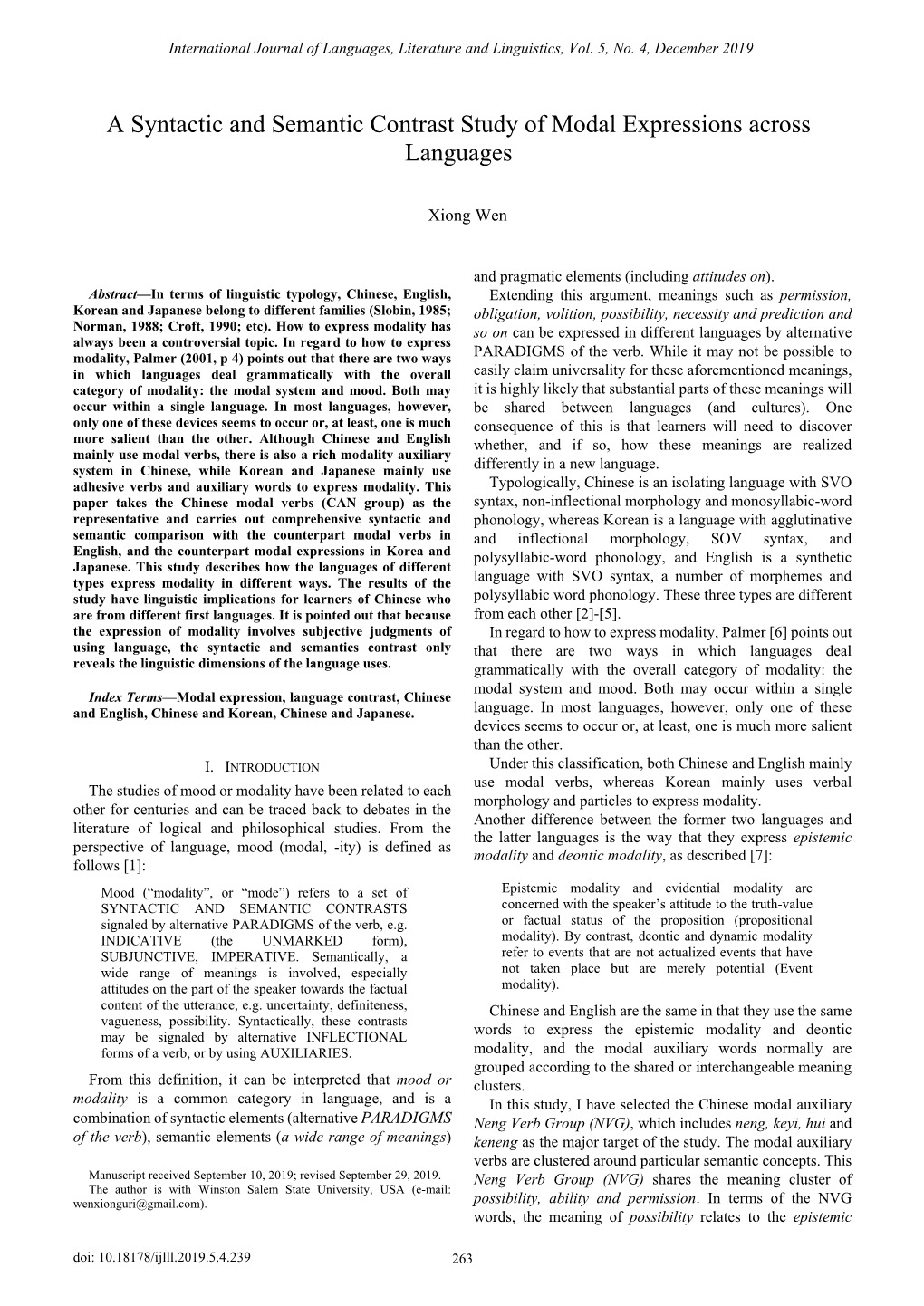 A Syntactic and Semantic Contrast Study of Modal Expressions Across Languages