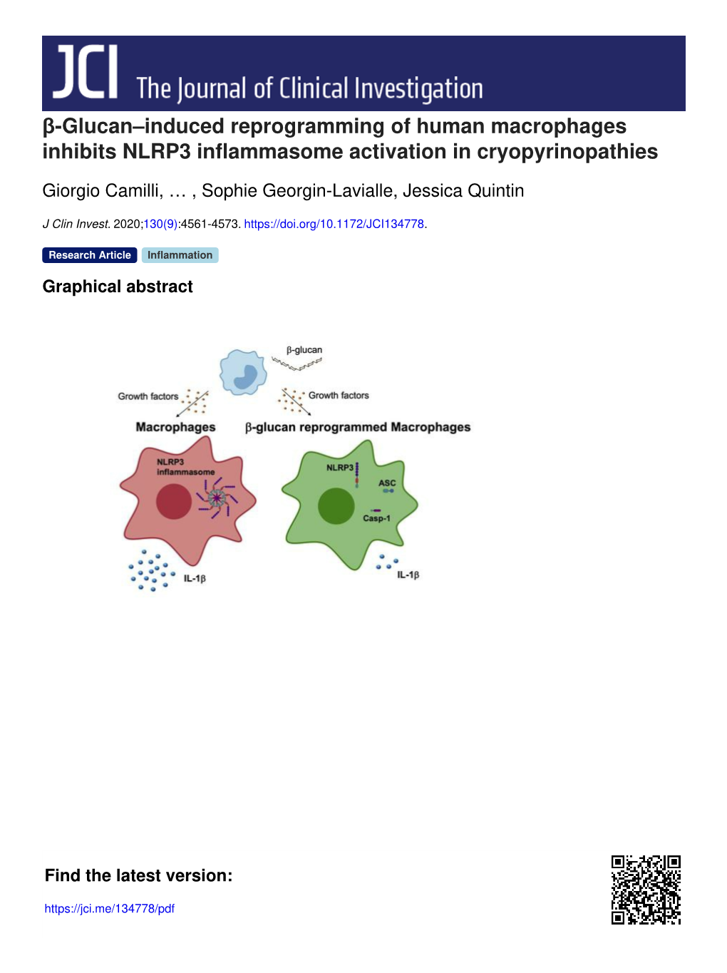 Β-Glucan–Induced Reprogramming of Human Macrophages Inhibits NLRP3 Inflammasome Activation in Cryopyrinopathies