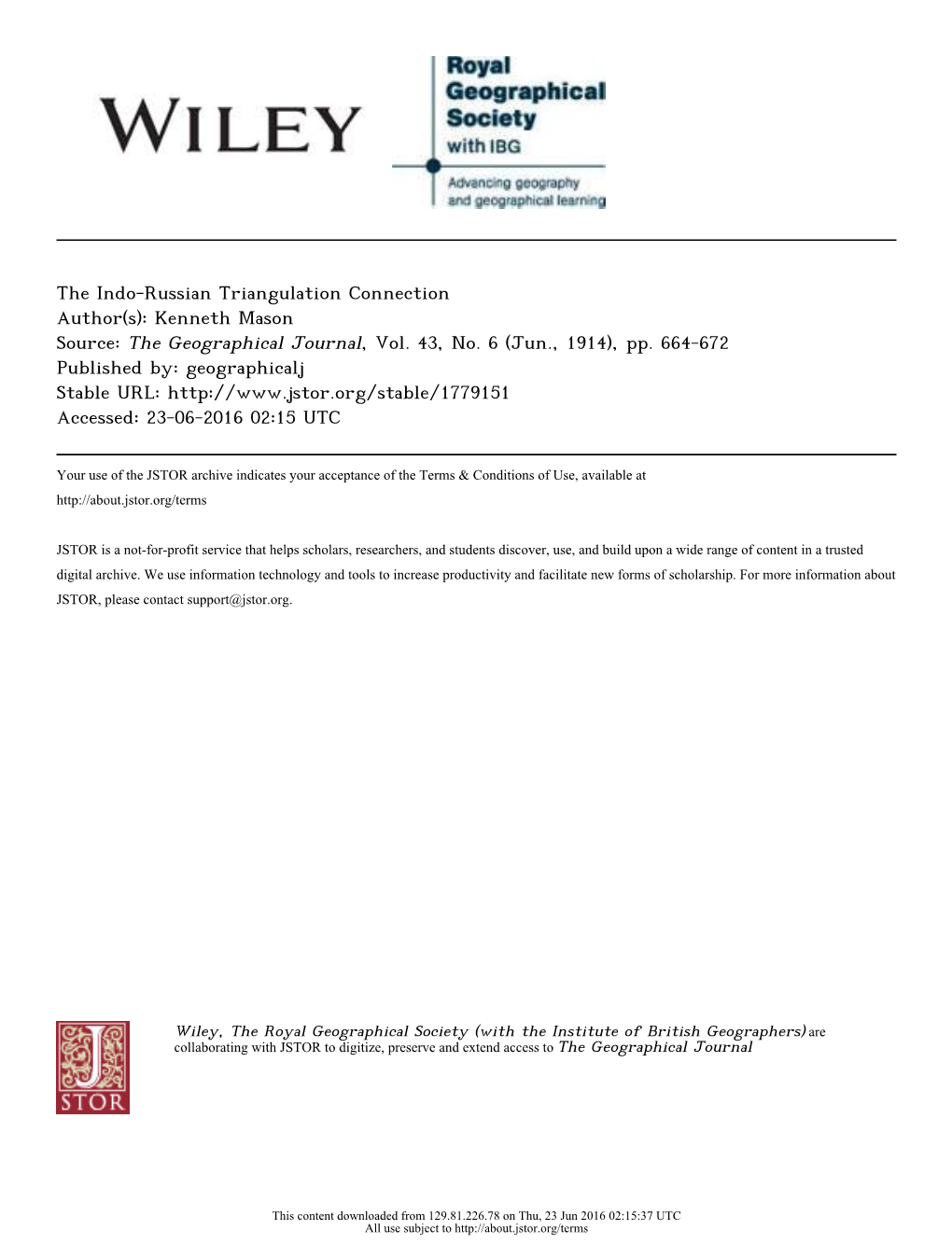 The Indo-Russian Triangulation Connection Author(S): Kenneth Mason Source: the Geographical Journal, Vol