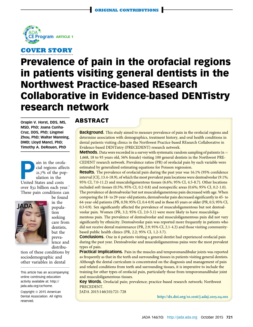 Prevalence of Pain in the Orofacial Regions