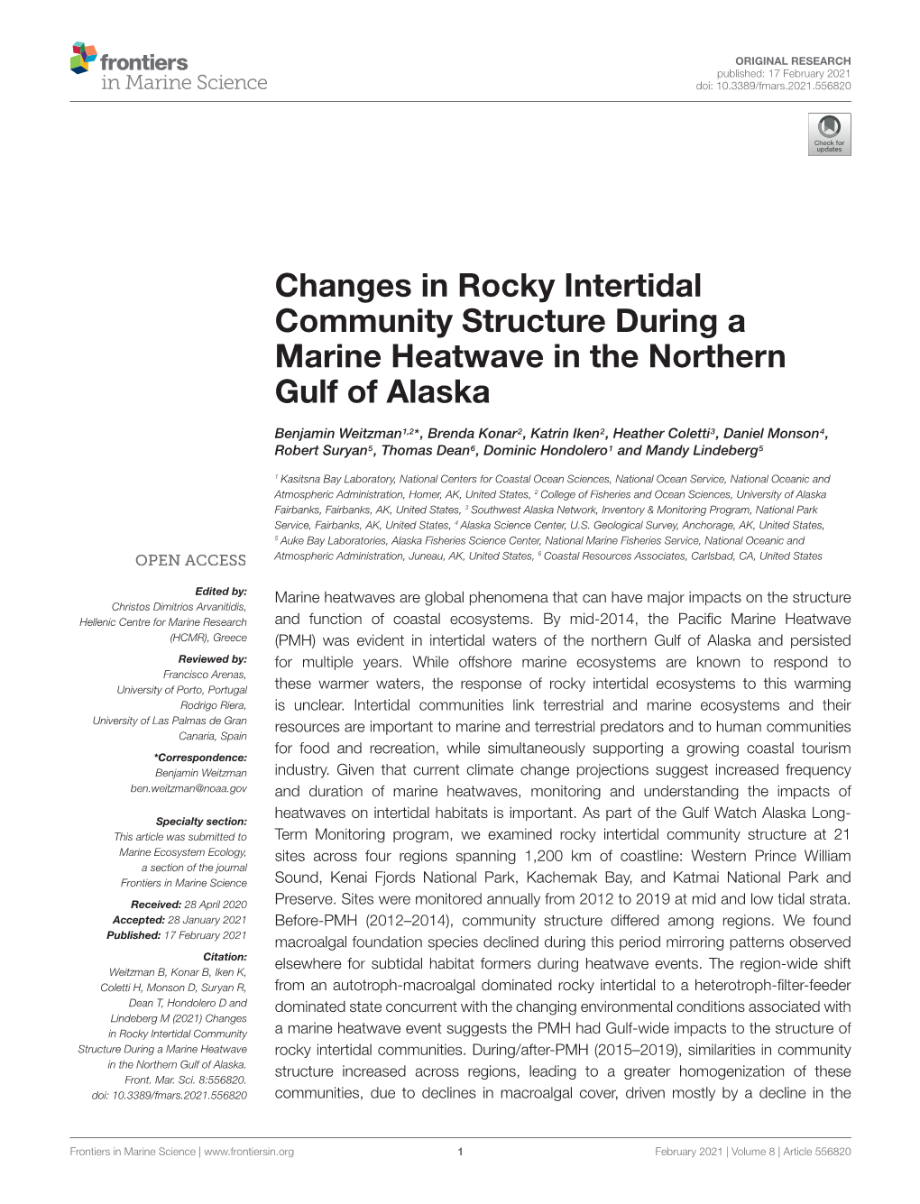 Changes in Rocky Intertidal Community Structure During a Marine Heatwave in the Northern Gulf of Alaska