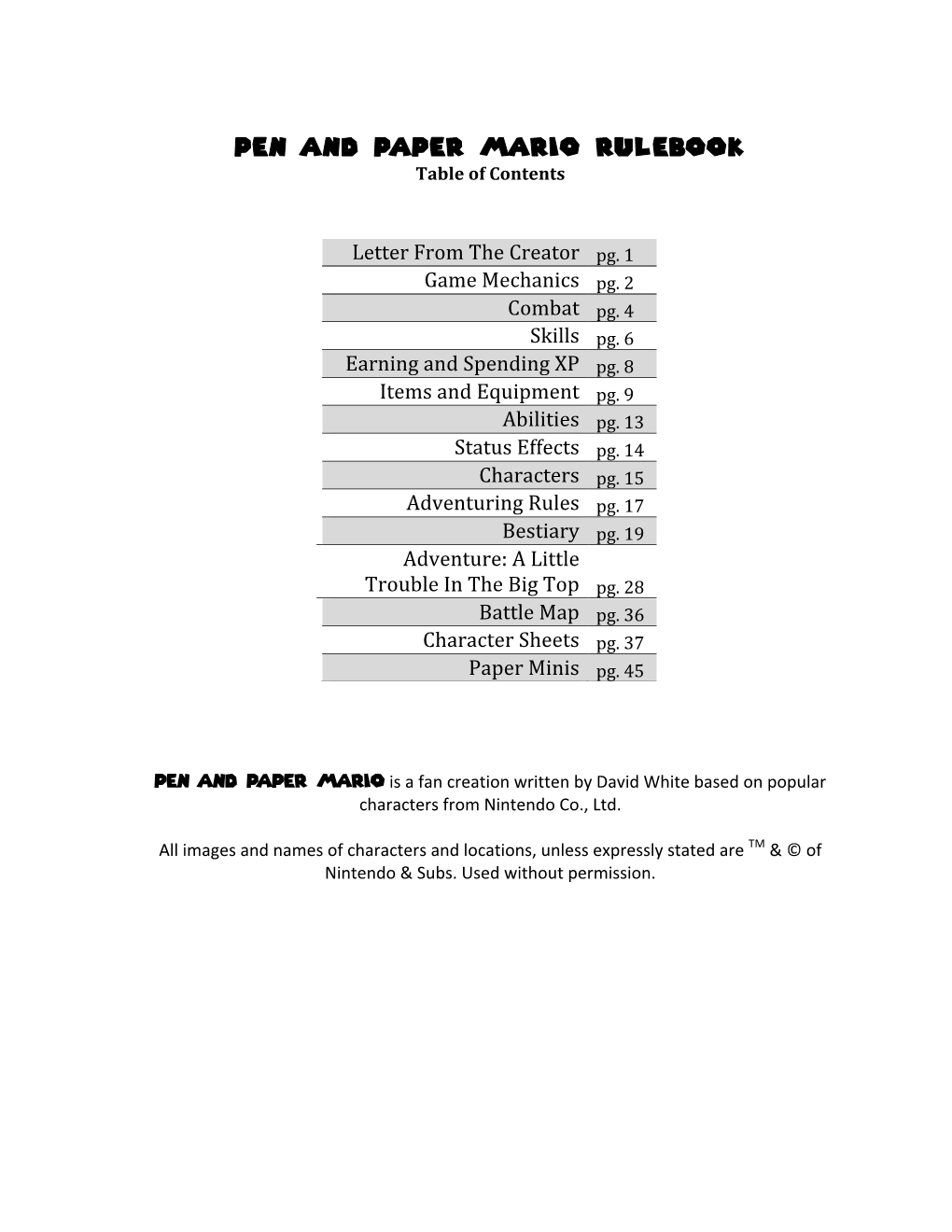 Pen and Paper Mario Rulebook Table of Contents