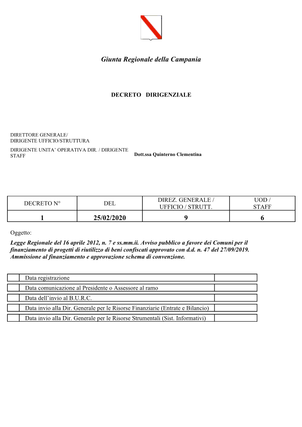 Decreto Dirigenziale N. 1 Del 25/02/2020 Con Allegato