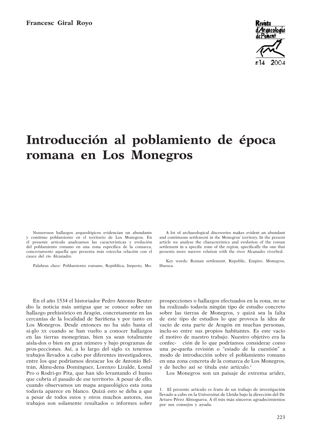 Introducción Al Poblamiento De Época Romana En Los Monegros