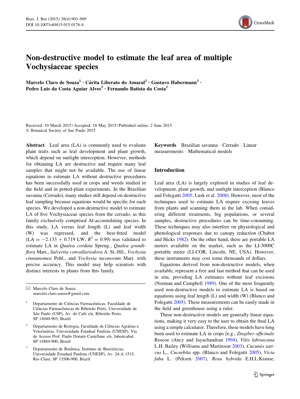 Non-Destructive Model to Estimate the Leaf Area of Multiple Vochysiaceae Species