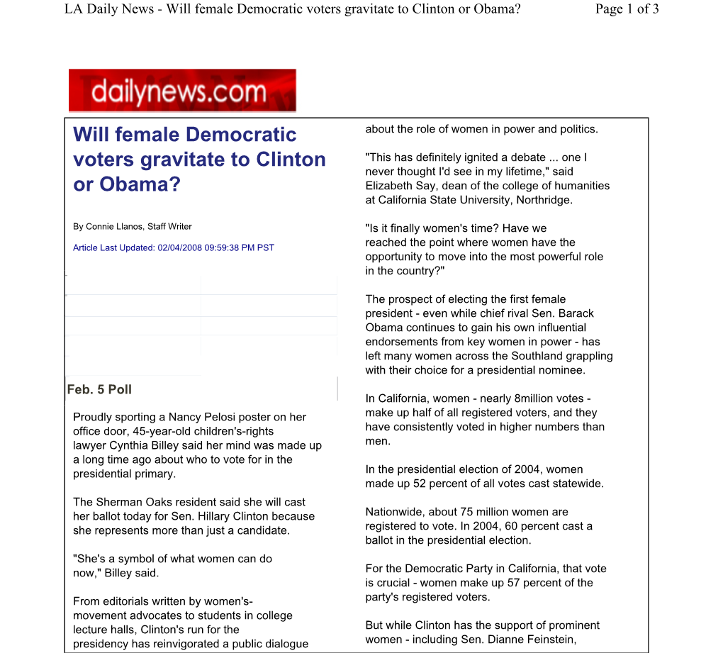 Will Female Democratic Voters Gravitate to Clinton Or Obama? Page 1 of 3