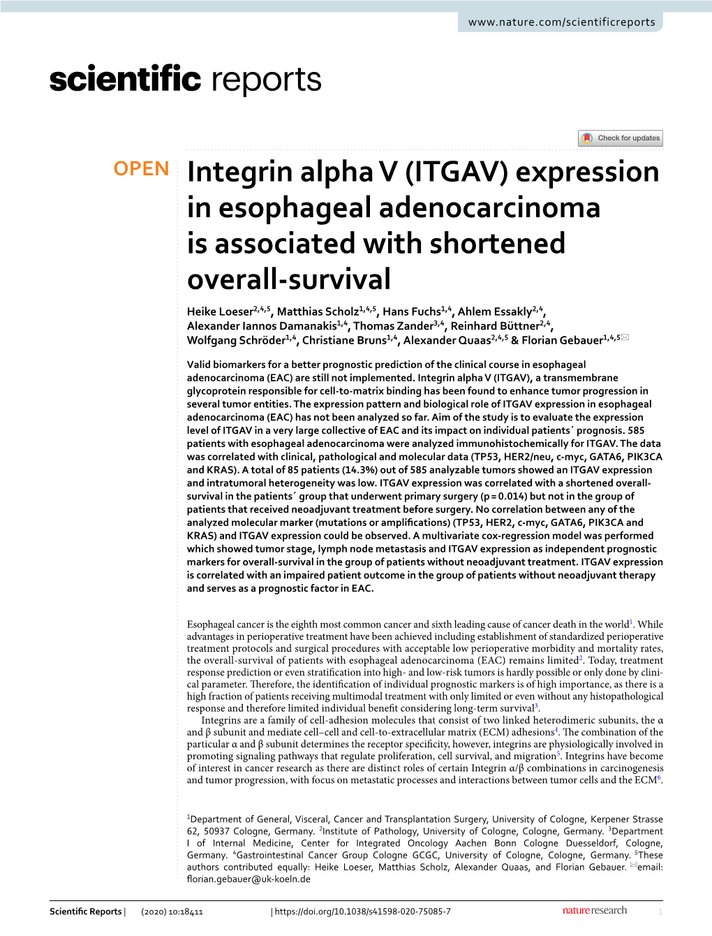 Integrin Alpha V (ITGAV) Expression in Esophageal Adenocarcinoma Is