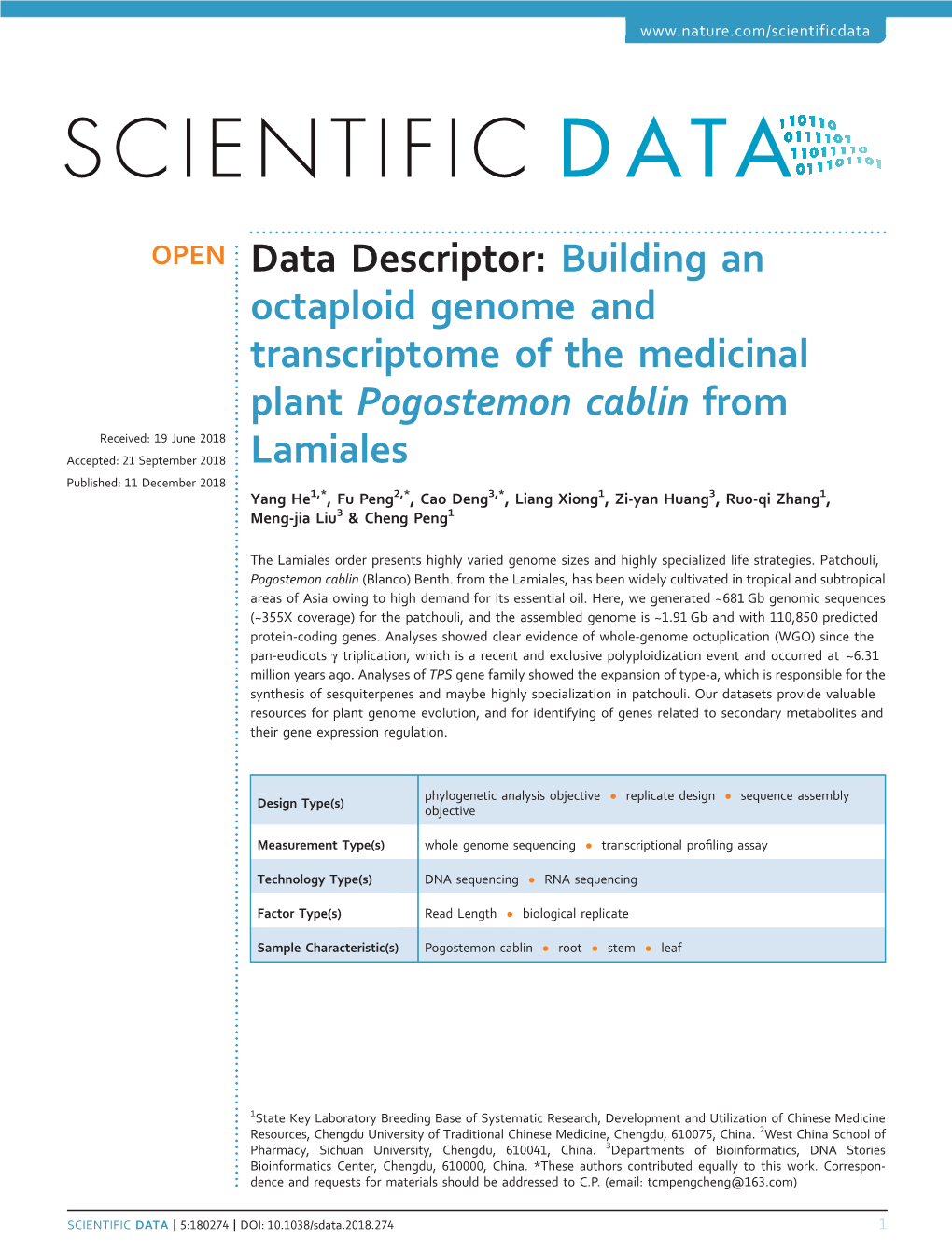 Building an Octaploid Genome and Transcriptome of the Medicinal Plant