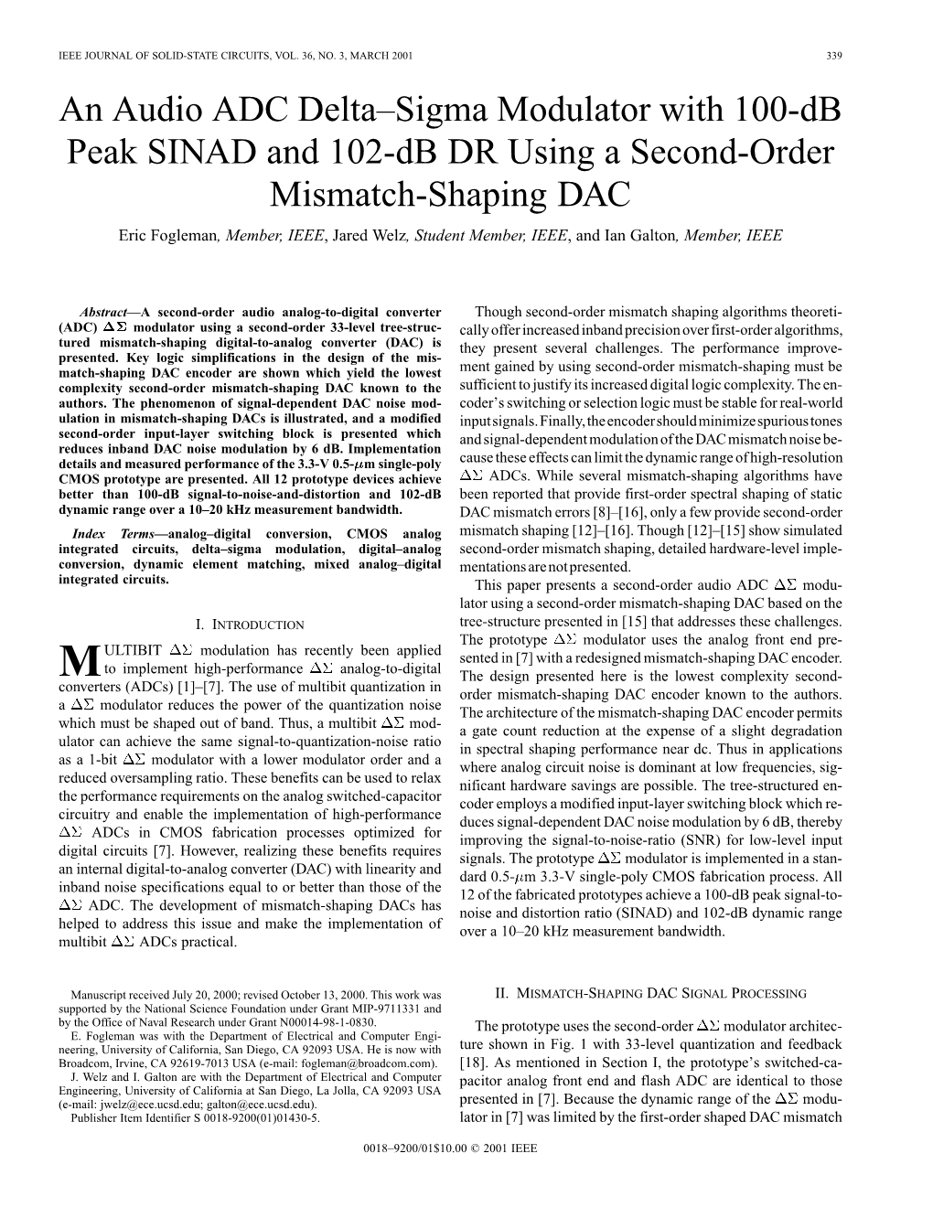 An Audio ADC Delta-Sigma Modulator with 100-Db Peak Sinad and 102