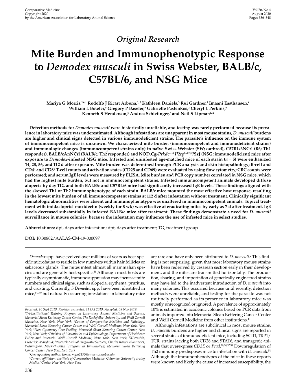 Mite Burden and Immunophenotypic Response to <I>Demodex Musculi