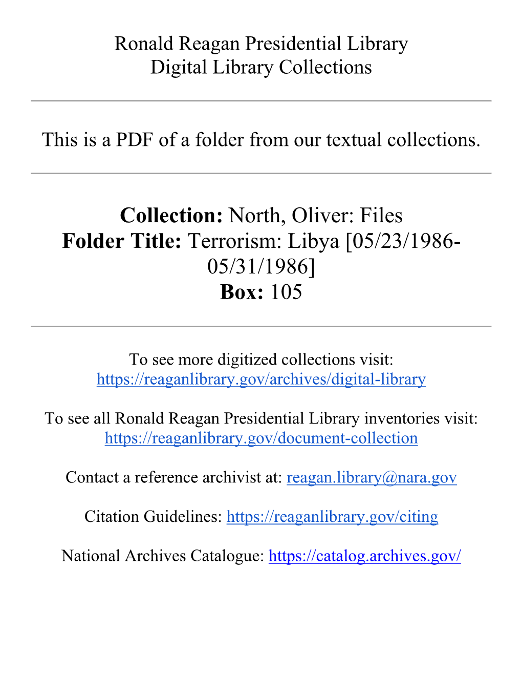 Collection: North, Oliver: Files Folder Title: Terrorism: Libya [05/23/1986- 05/31/1986] Box: 105