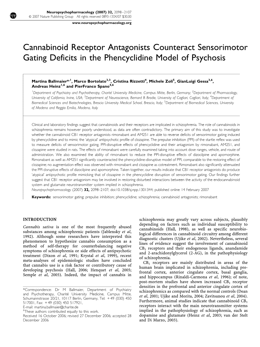 Cannabinoid Receptor Antagonists Counteract Sensorimotor Gating Deficits in the Phencyclidine Model of Psychosis