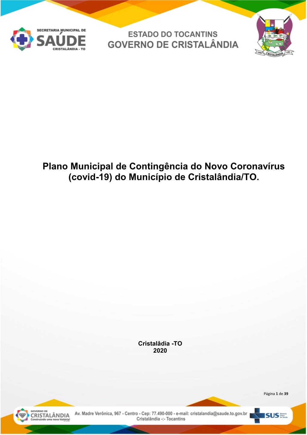 Plano Municipal De Contingência Do Novo Coronavírus (Covid-19) Do Município De Cristalândia/TO