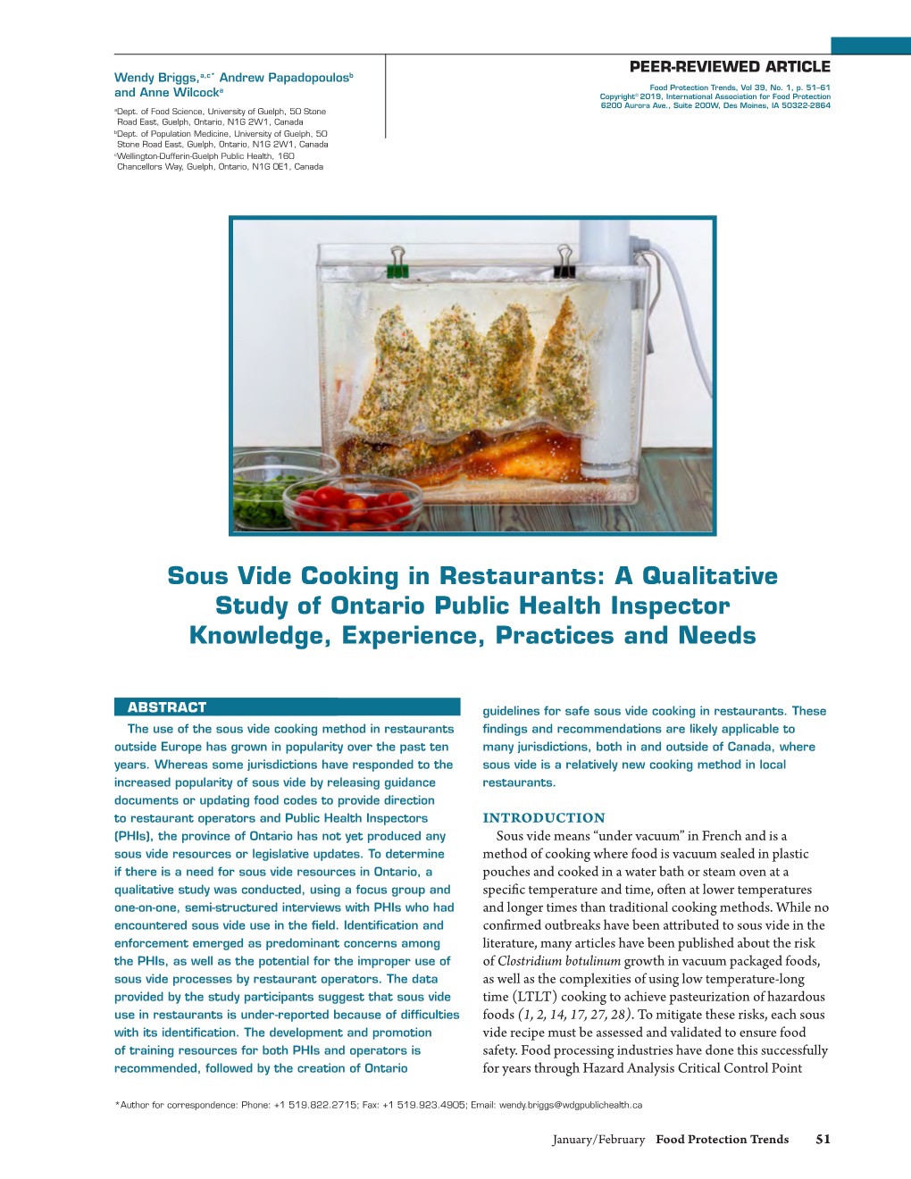 Sous Vide Cooking in Restaurants: a Qualitative Study of Ontario Public Health Inspector Knowledge, Experience, Practices and Needs