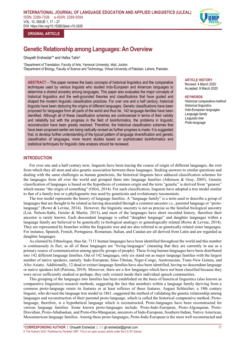 Genetic Relationship Among Languages: an Overview Ghayeth Ersheidat1* and Hafsa Tahir2 1Department of Translation, Faculty of Arts, Yarmouk University, Irbid, Jordon